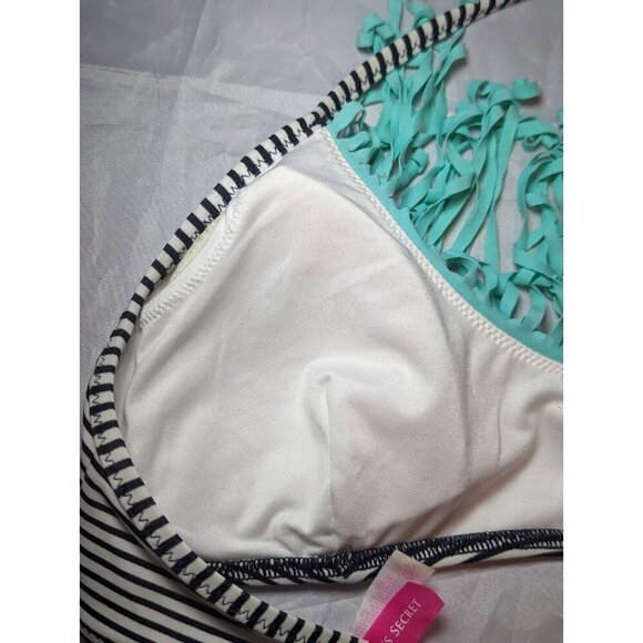 PINK Victoria Secret bikini swim TOP Striped & Aqua fringe halter Size Small - Picture 10 of 14